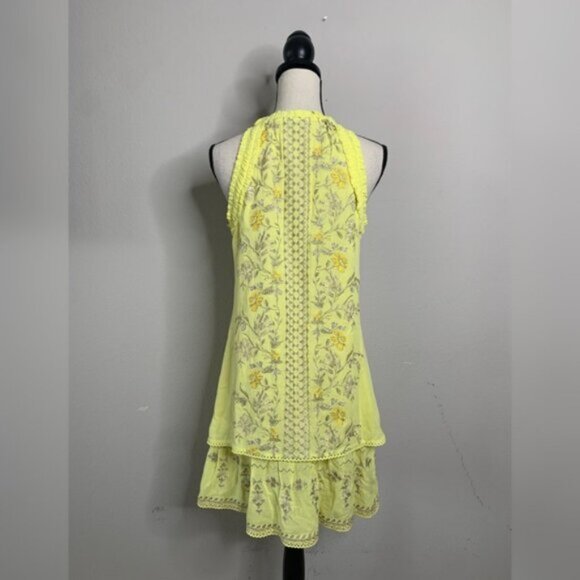 Hale Bob Yellow Embroidered Ruffle Hem Sleeveless Boho Mini Dress - Picture 7 of 13
